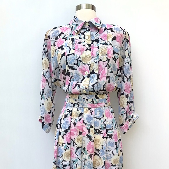 Vintage 80’s black & pastel roses floral secretary dress - Picture 2 of 9